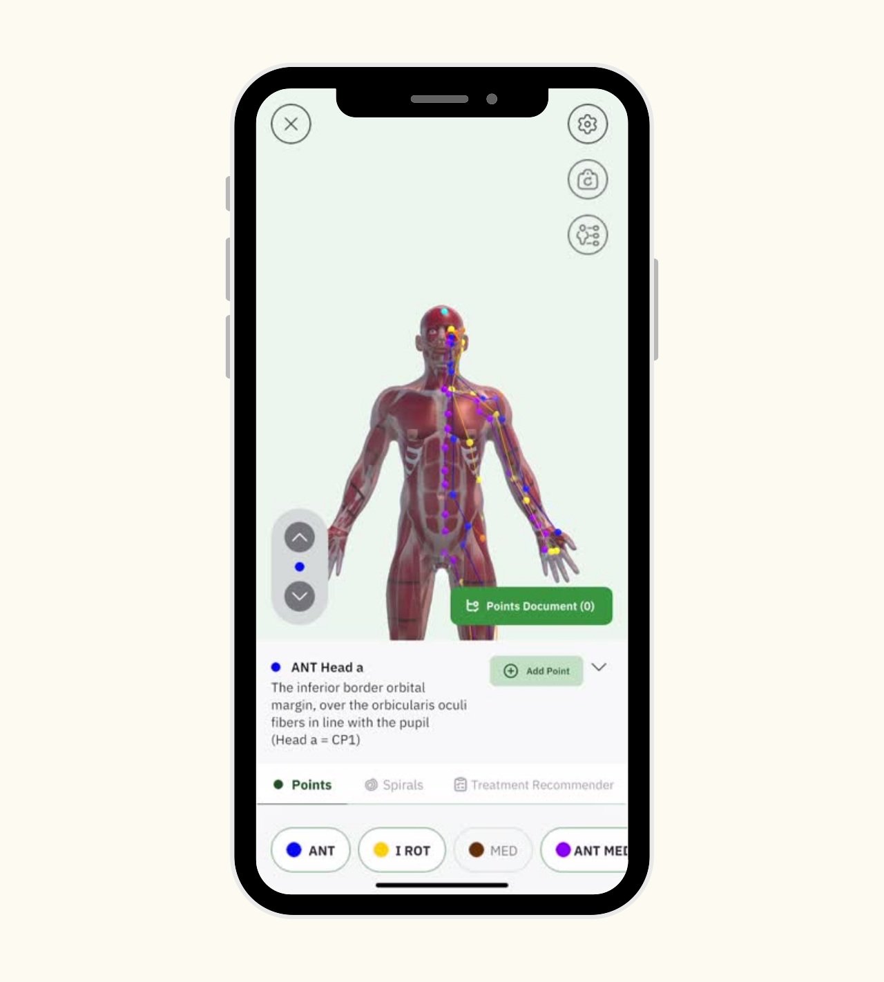 Smartphone showing the TheraFascia app's 3D anatomical body map with mapped fascia treatment points, alongside text highlighting mapped zones, shear and heat therapy, and trackable mobility progress