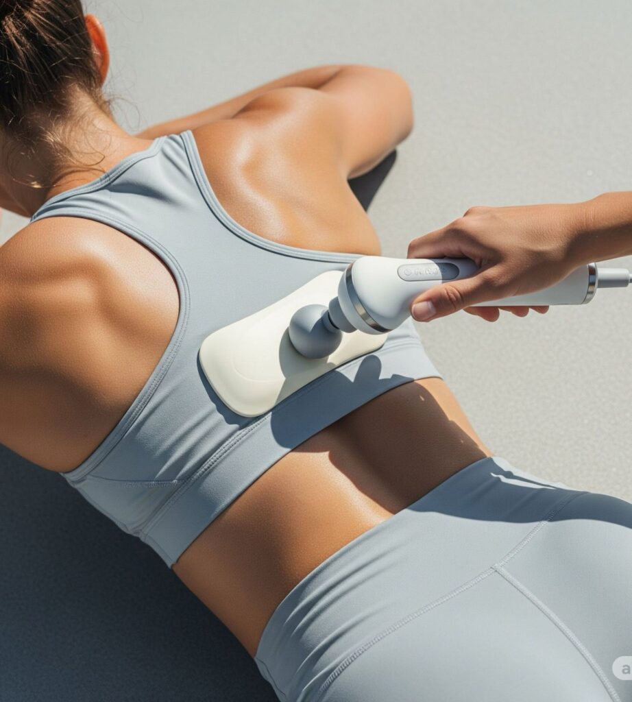 Woman using the TheraFascia deep-shear device on her back for targeted fascia release with gentle heat therapy